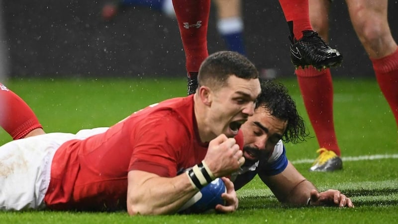 George North celebrates his try in Paris
