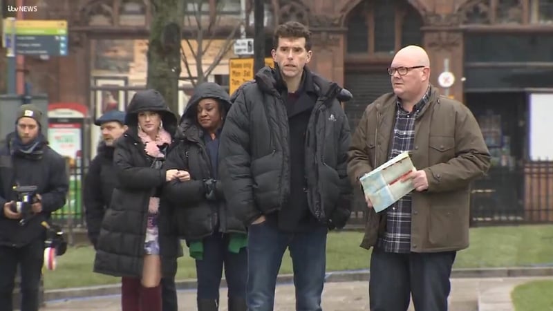 Mark Charnock and Dominic Brunt filming in Belfast, screengrab via ITV News