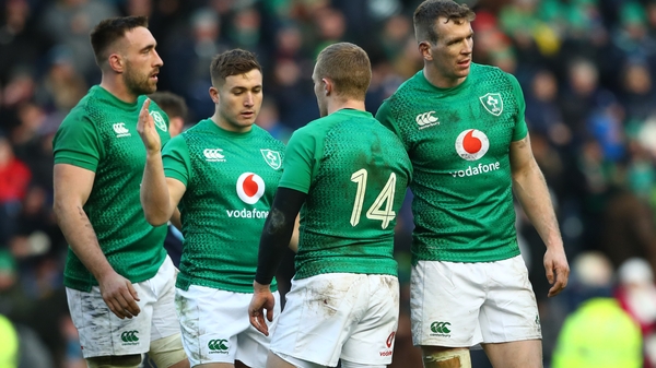 Jack Conan, Jordan Larmour, Keith Earls and Chris Farrell celebrate after the Murrayfield triumph