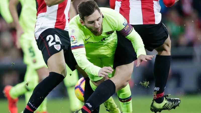 Lionel Messi is squeezed out against Athletic Bilbao