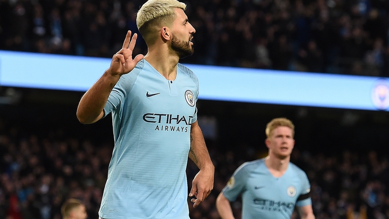 Sergio Aguero celebrates scoring his third and City's fifth goal against Chelsea