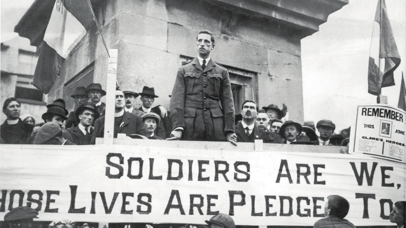 De Valera during the 1917 campaign. The Clare team paraded before matches in the 1917 All-Ireland Football Championship with a banner expressing their support.