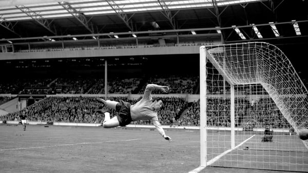 Gordon Banks makes a save in a 1965 match against Hungary at Wembley