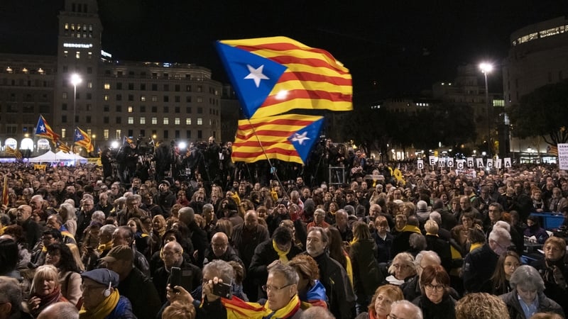 Hundreds of protesters gathered in solidarity with political prisoners last February at Barcelona's Plaça Catalunya.