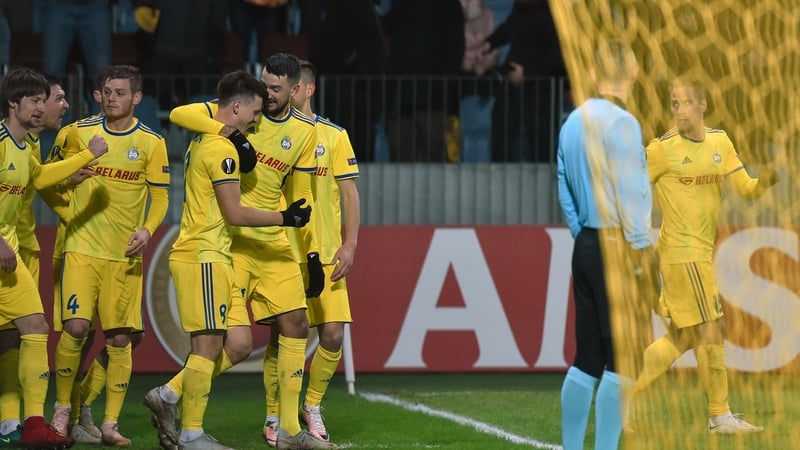 BATE Borisov's Belarusian midfielder Stanislav Dragun (4L