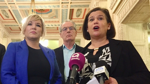 Sinn Féin leader Mary Lou McDonald and deputy leader Michelle O'Neill speaking at Stormont
