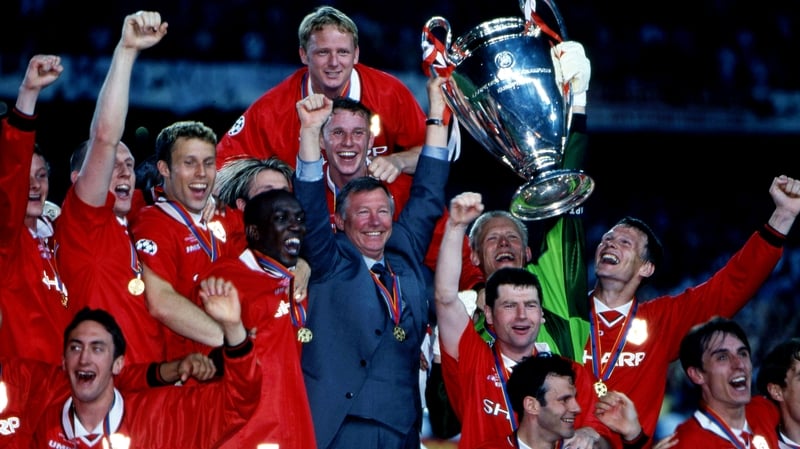 Alex Ferguson celebrates Manchester United's famous Champions League triumph in 1999