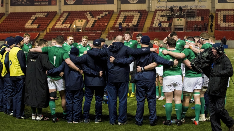 Ireland Under-20s huddle together after their win against Scotland
