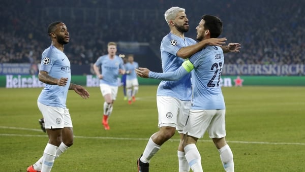 Sergio Aguero celebrates his goal against Schalke
