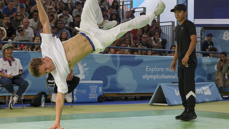 Russia's b-boy Bumblebee competes against Japan's b-boy Shigelix during a battle at the Youth Olympic Games in Buenos Aires