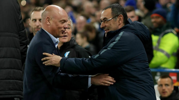 Chelsea manager Maurizio Sarri (R) greets Malmo manager Uwe Rosler