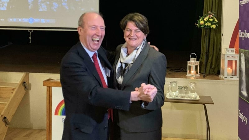 Arlene Foster and Shane Ross poss for photos in the hall used in the film Ballroom of Romance in Glenfarne