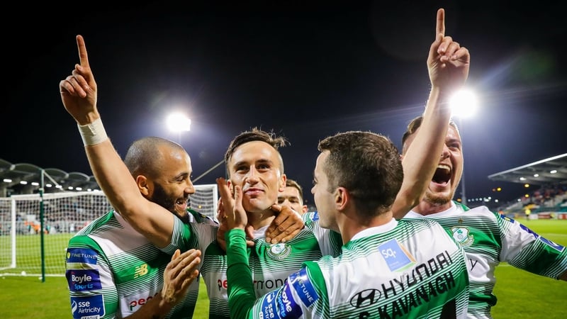 Rovers' Aaron McEneff celebrates scoring a penalty