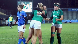 Ireland's Eimear Considine celebrates her try with Michelle Claffey and Anna Caplice
