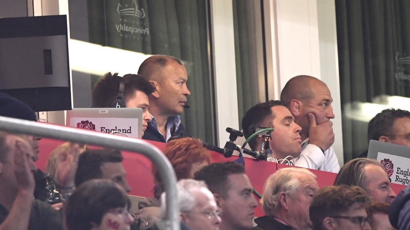 Eddie Jones watching the game anxiously from his perch in the Principality Stadium