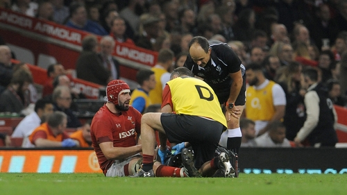 Cory Hill receives treatment on the Principality Stadium turf