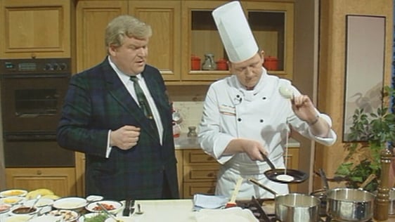 Derek Davis and chef Peter Brady in 'Live At Three' studio (1989)