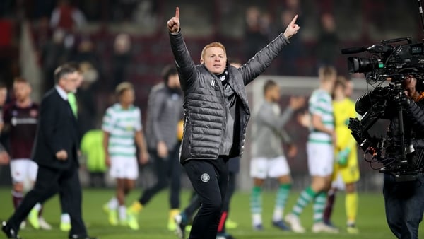 Neil Lennon celebrates the win at Tynecastle.