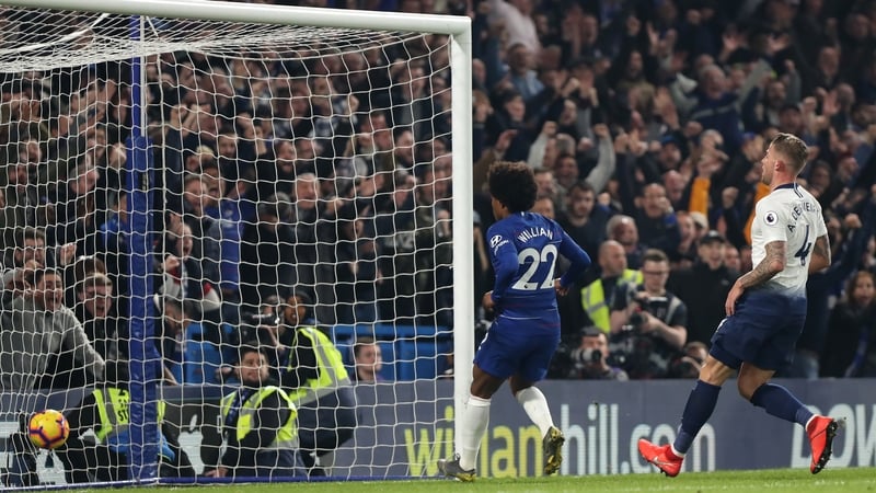 Spurs defender Kieran Trippier's intended back pass goes past his own goalkeeper at Stamford Bridge