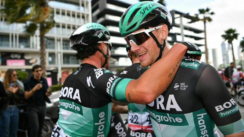 Sam Bennett (R) celebrates with team-mate Peter Kennaugh
