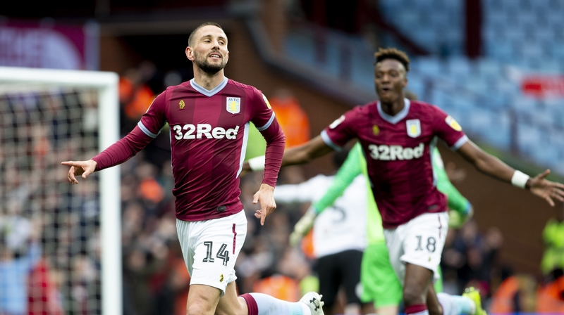 Conor Hourihane celebrating his opening goal for Villa against Derby