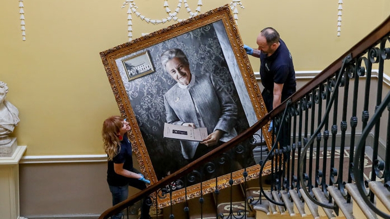 The Women On Walls portrait of Dr Barbara Maive Stokes enters the RCSI building.