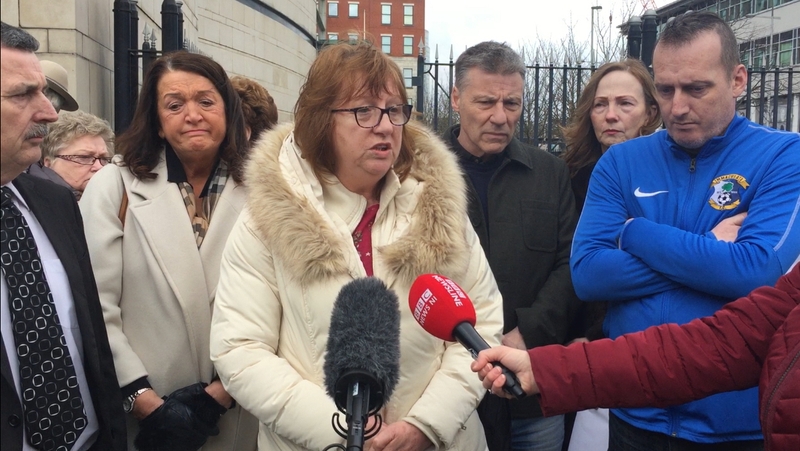 Briege Voyle, whose mother was shot dead in Ballymurphy, reacts outside Belfast Coroner's Court