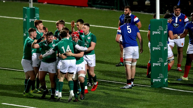 Ireland players celebrate Josh Wycherley scoring a try