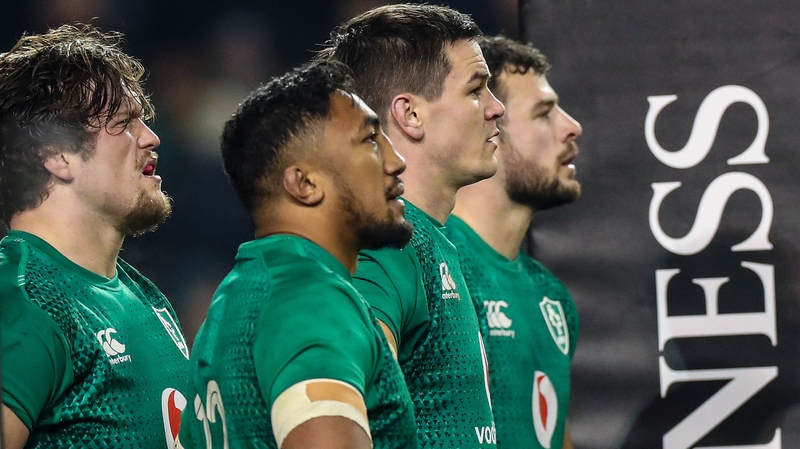 Andrew Porter, Bundee Aki, Jonathan Sexton and Robbie Henshaw after England's win in Dublin