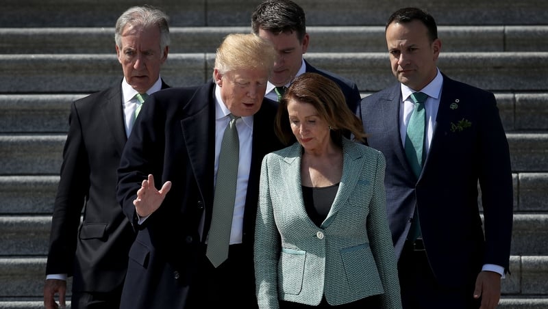 US President Donald Trump speaks with Speaker of the House Nancy Pelosi following a Friends of Ireland lunch with Taoiseach Leo Varadkar and others