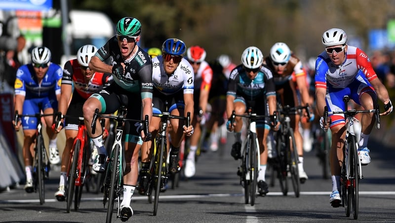 Sam Bennett celebrates at the finish line