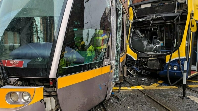 The Luas was derailed in the collision (Pic: Dublin Fire Brigade)