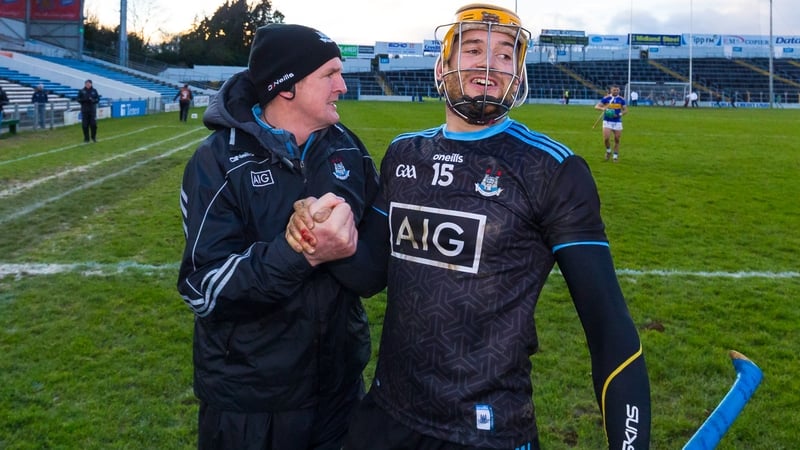 Dublin manager Mattie Kenny (L) and Eamon Dillon celebrate victory at Semple Stadium