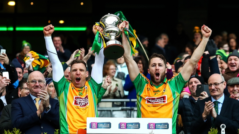 Corofin's Ciaran McGrath and Michael Lundy lift The Andy Merrigan Cup