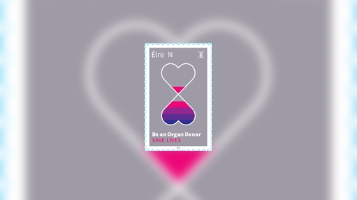 The stamp features an hourglass timer 'to represent the precious nature of time and the gift of life passing from one person to another through organ donation'