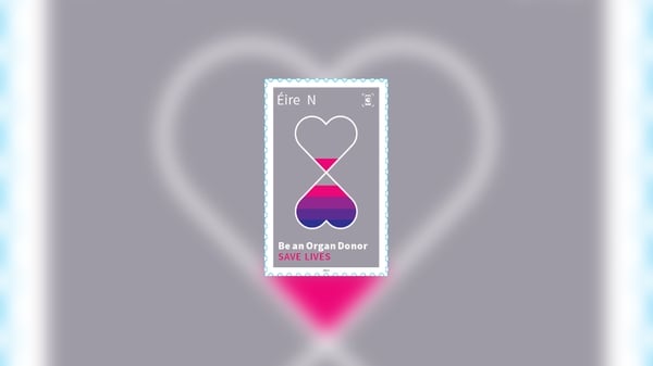 The stamp features an hourglass timer 'to represent the precious nature of time and the gift of life passing from one person to another through organ donation'