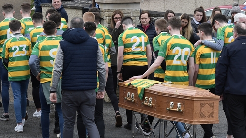 The coffin arrives for the funeral of Connor Currie at St Malachy's Church in Edendork