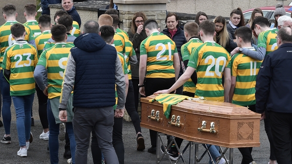 The coffin arrives for the funeral of Connor Currie at St Malachy's Church in Edendork