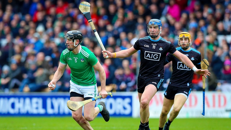 Limerick wing-back Diarmuid Byrnes attempts to get away from the Dublin cover at Nowlan Park