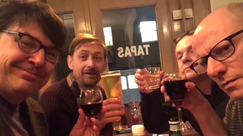 Graham Linehan (far left) shared a celebratory photo on Thursday night. with co-writers Neil Hannon, Paul Woodful and Arthur Matthews. Photo: Graham Linehan/Twitter