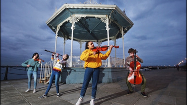 Musicians (L-R) Ines Wernect, Becky Corcoran, Julianna Odubajo and Daniel Partridge launch the Feis Ceoil on Dun Laoghaire Pier