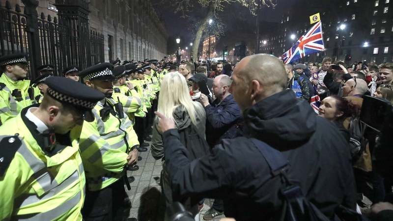 Pro-Brexit supporters, outside Downing Street in Whitehall following the March to Leave protest