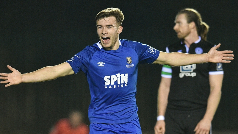 Waterford's Aaron Drinan celebrates scoring his first goal against Finn Harps