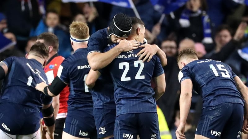 Leinster's Noel Reid and Scott Fardy celebrate at the final whistle