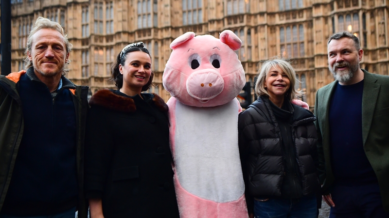 (L-R) Jerome Flynn, Gizzi Erskine, Leslie Ash and Ciaran McMenamin protest on behalf of Farms not Factories