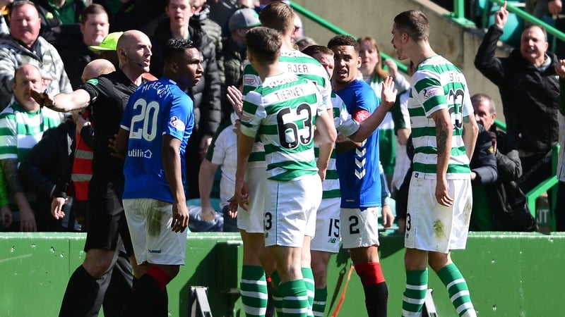 Alfredo Morelos elbowed Scott Brown off the ball, and was sent off, in the first-half