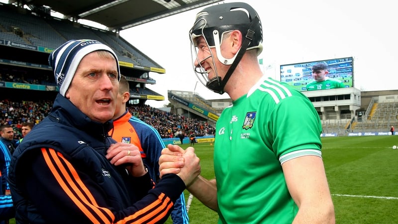 John Kiely (L) celebrates with Diarmaid Byrnes after the league final win against Waterford