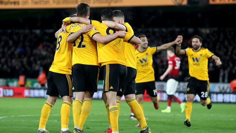 Wolves celebrate their winning goal against United