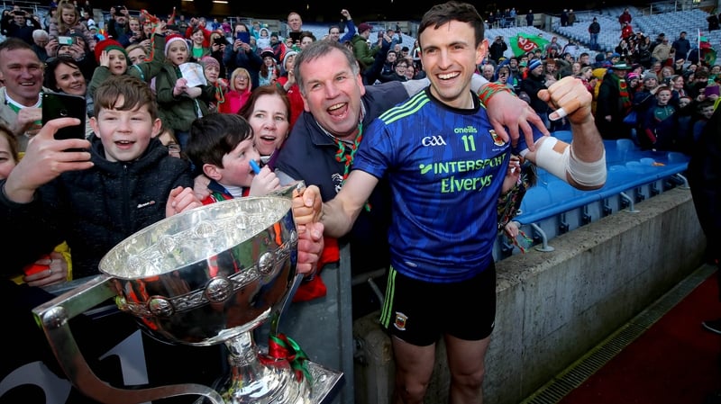Jason Doherty celebrates with fans after Mayo's League victory