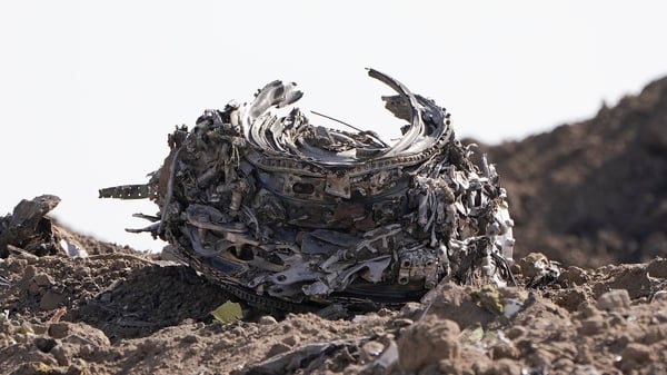 An engine recovered from a crater at the scene of the Ethiopian Airlines Flight 302 crash on 13 March